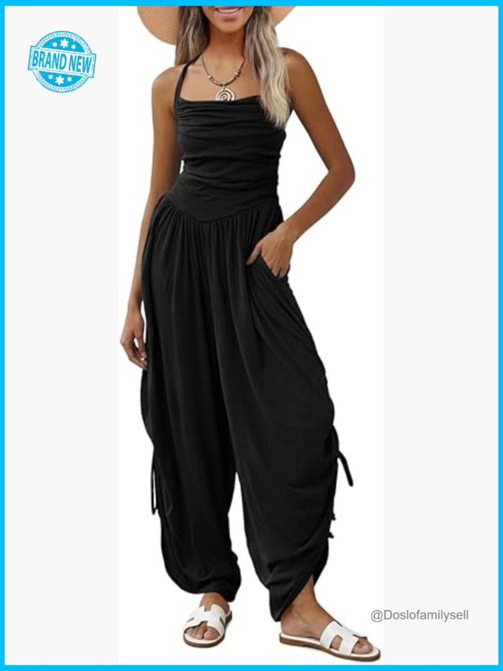 Halter Strap Wide Leg Romper Ruched Barrel Jumpsuit Sleeveless Summer Overall